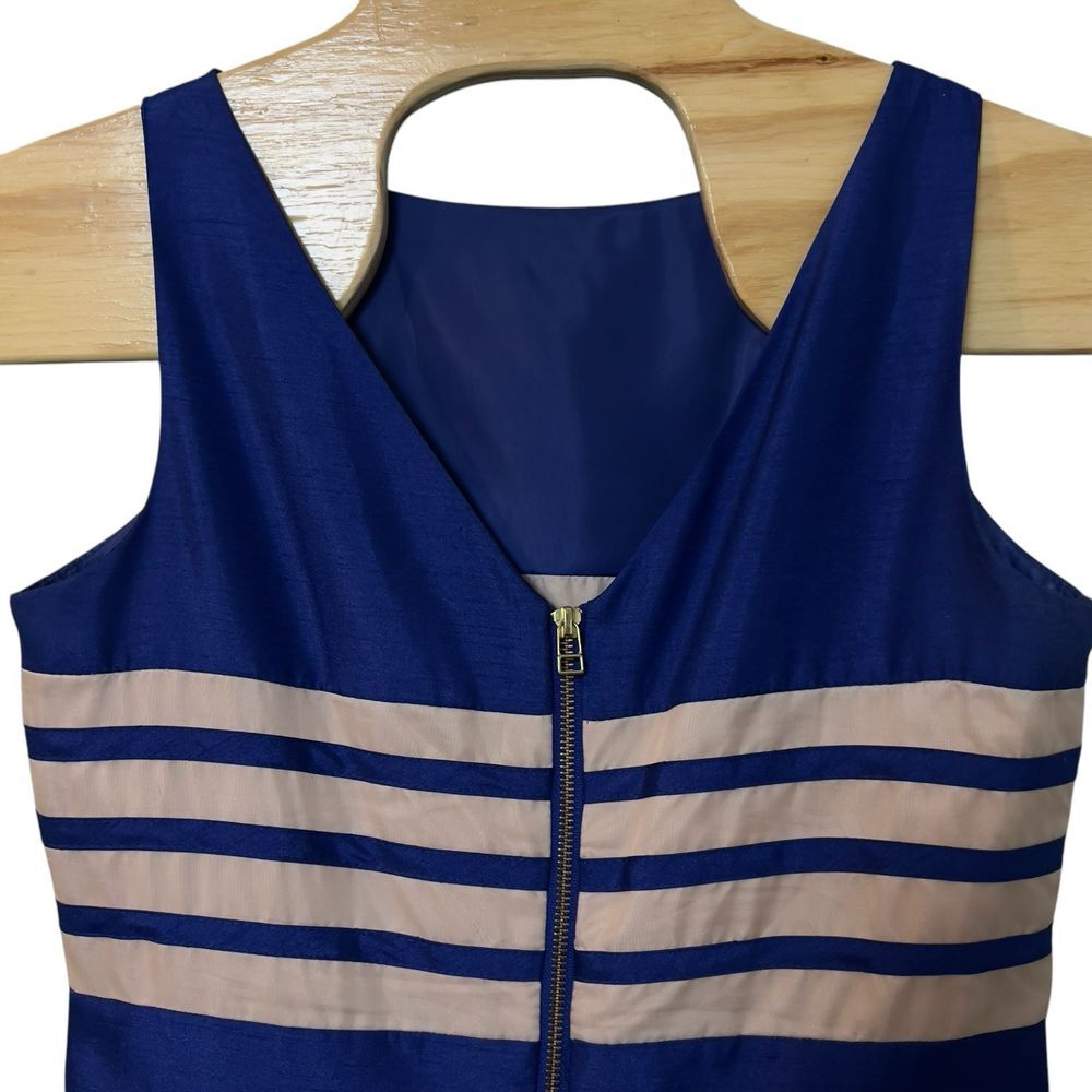 Just Taylor Fit Flare Cocktail Dress Size 10 Poly Silk Combo Sleeveless Blue - Picture 3 of 11